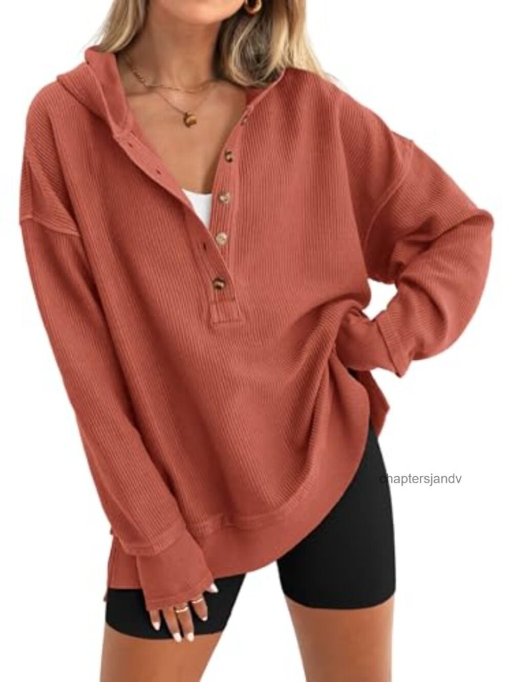 Oversized Button Down V-Neck Hoodie Sweatshirt Loose Fit Pullover
